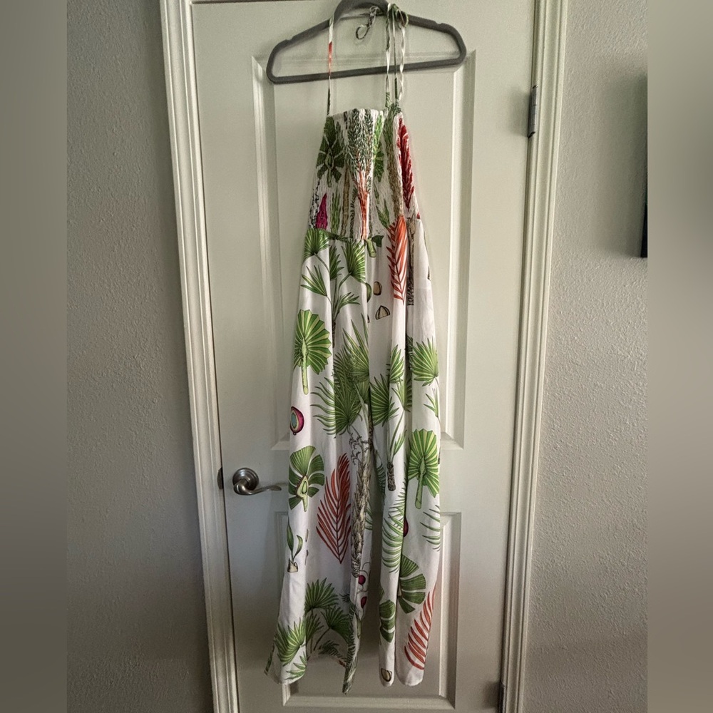 Milk & Honey Halter Tropical Print Smocked Jumpsuit - Green & Coral Leaf Large